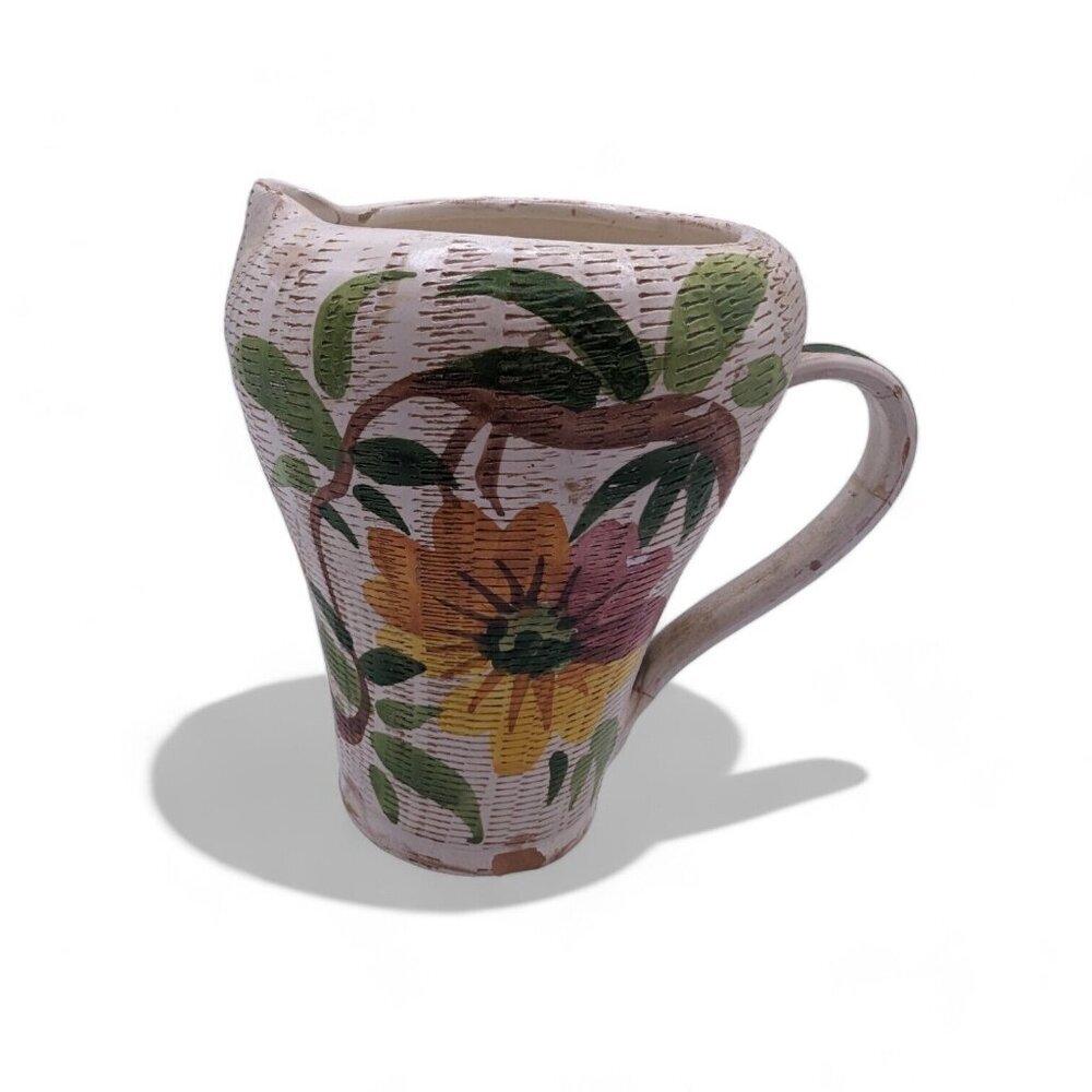 Vintage Italian Floral Art Pottery Pitcher Handpainted Italy Basket Weave
